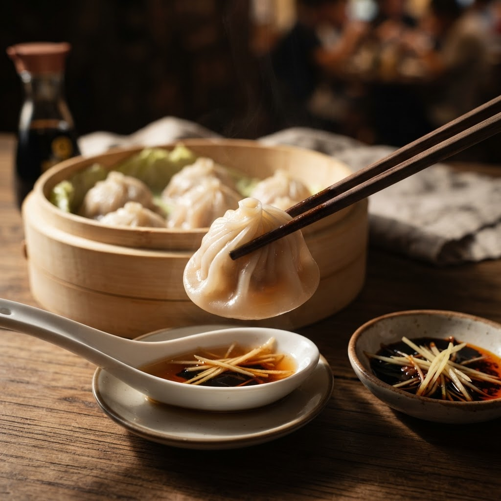 A soup dumpling lifted from a bamboo steamer onto a spoon with broth